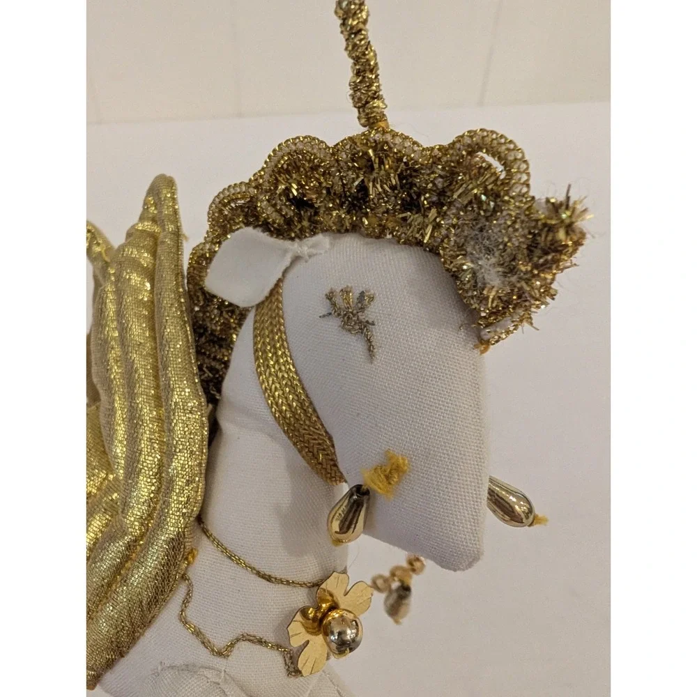 Flying Unicorn Pegasus Christmas Ornament Plush White Gold 6